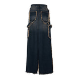 Denim Skirt W/ Frayed edges and Patched Pockets with center slits