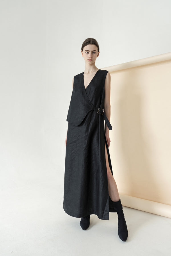 Black High Slit Linen Dress