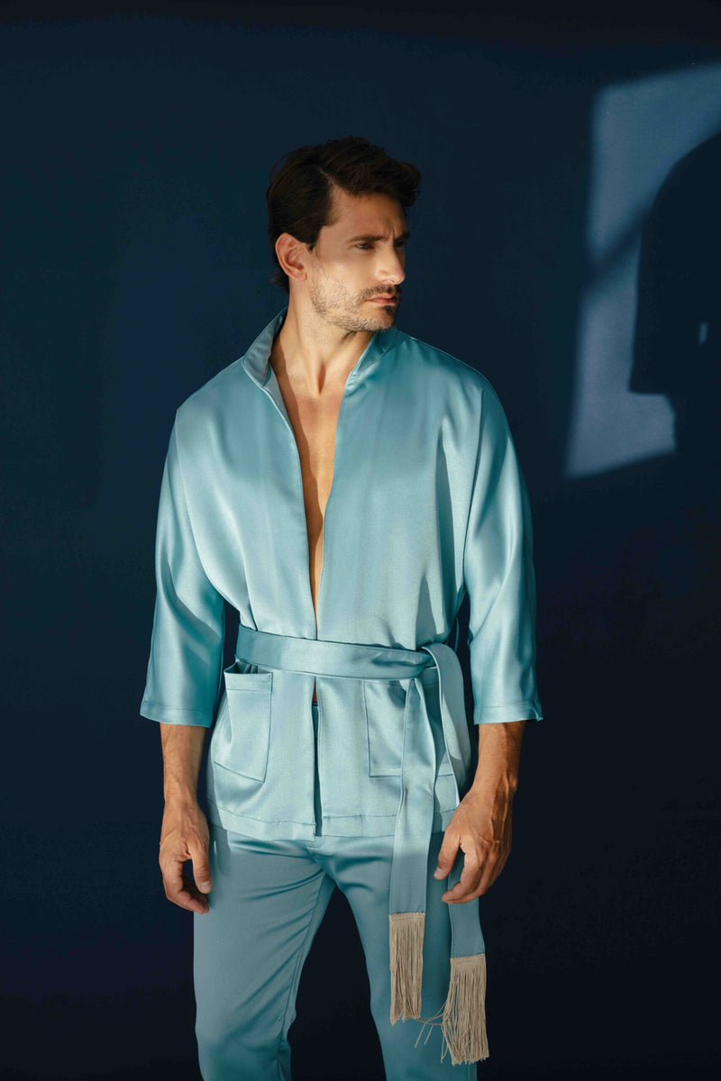 B Trousers in Aquamarine Satin