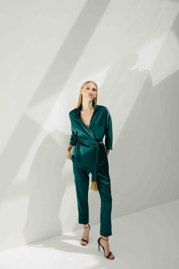 B Trouser in Emerald Satin