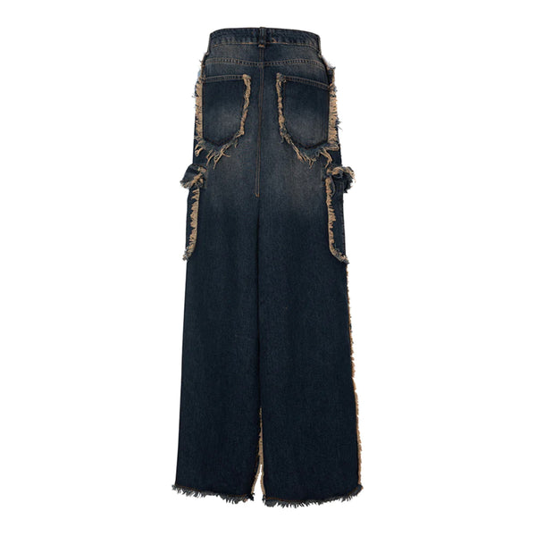 Denim Skirt W/ Frayed edges and Patched Pockets with center slits