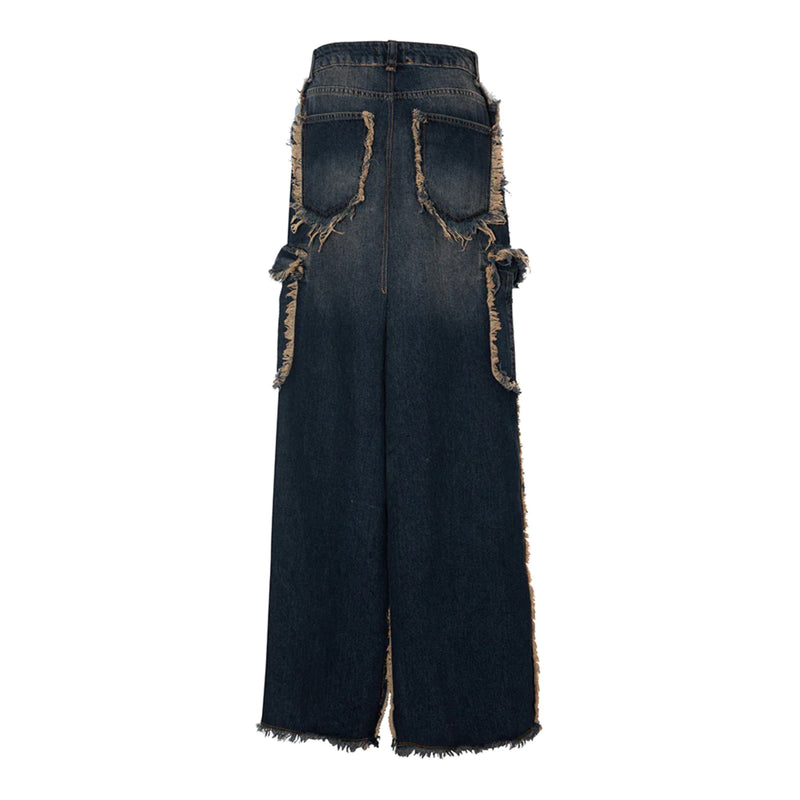 Denim Skirt W/ Frayed edges and Patched Pockets with center slits